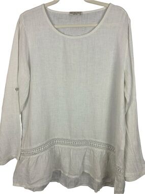 Terzo Millennio White 100% Linen Crochet Ruffle Hem Roll-Tab Sleeve Tunic Top L